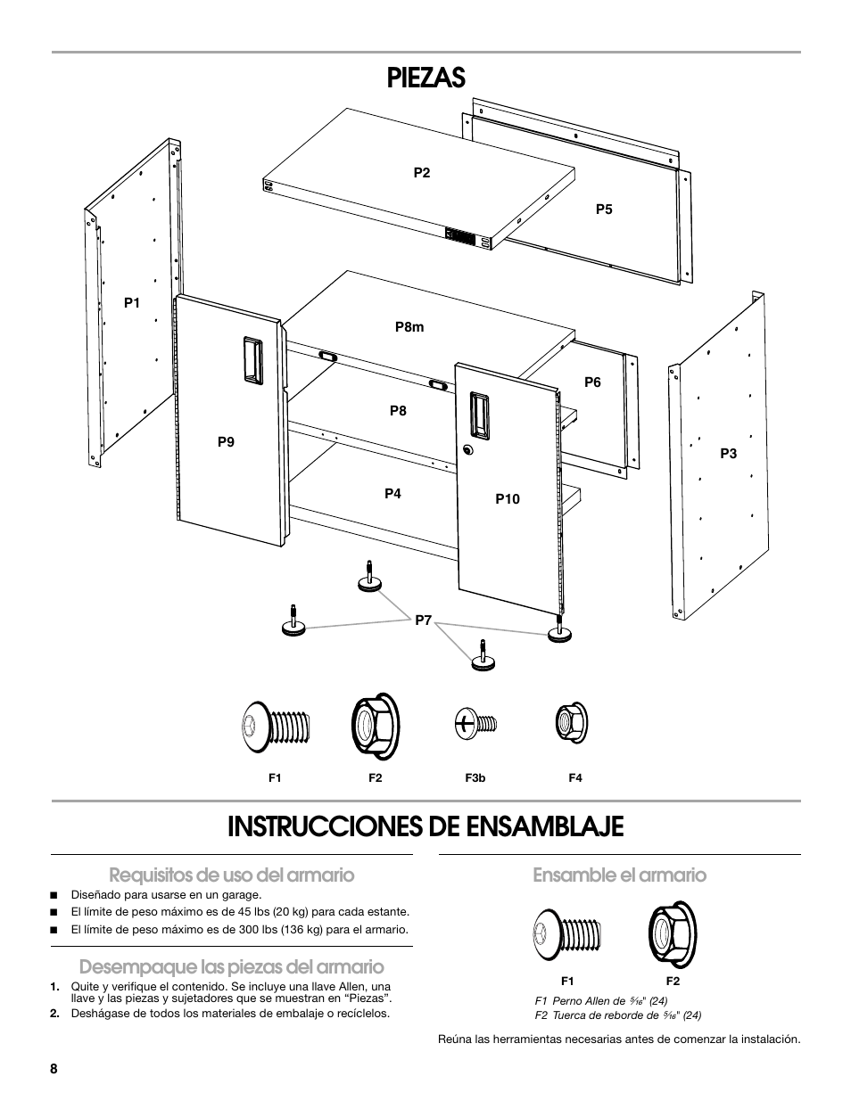 Piezas instrucciones de ensamblaje, Requisitos de uso del armario, Desempaque las piezas del armario | Ensamble el armario | Gladiator GAGB28FDYG Full-Door GearBox User Manual | Page 8 / 16