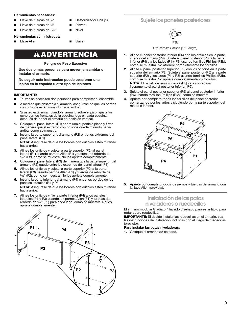 Advertencia, Sujete los paneles posteriores, Instalación de las patas niveladoras o ruedecillas | Gladiator GAGB28FDYG Full-Door GearBox User Manual | Page 9 / 16