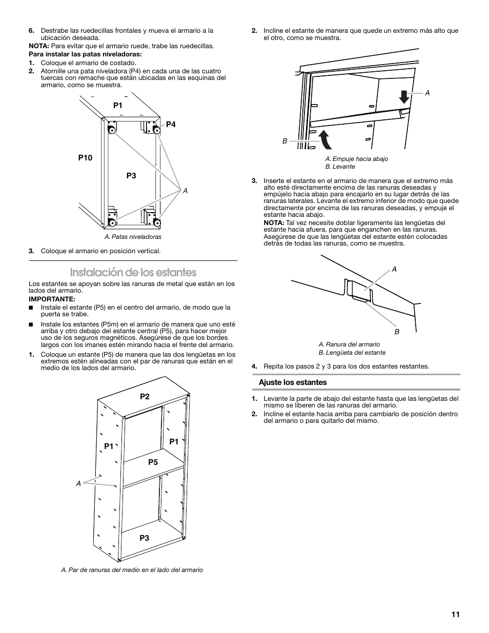 Instalación de los estantes | Gladiator GALG36CKXG Mobile Storage Cabinet User Manual | Page 11 / 20