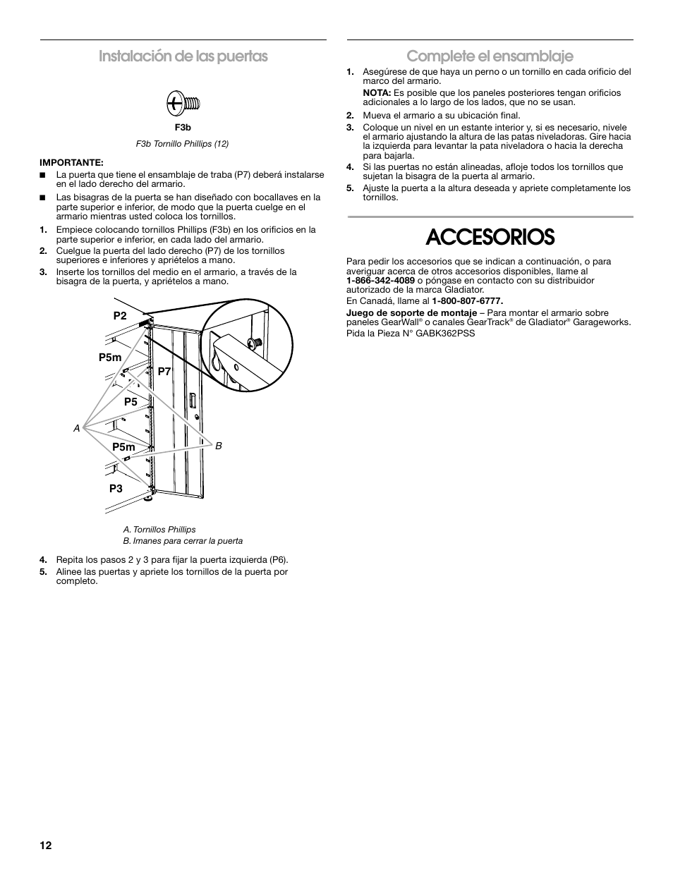 Accesorios, Instalación de las puertas, Complete el ensamblaje | Gladiator GALG36CKXG Mobile Storage Cabinet User Manual | Page 12 / 20