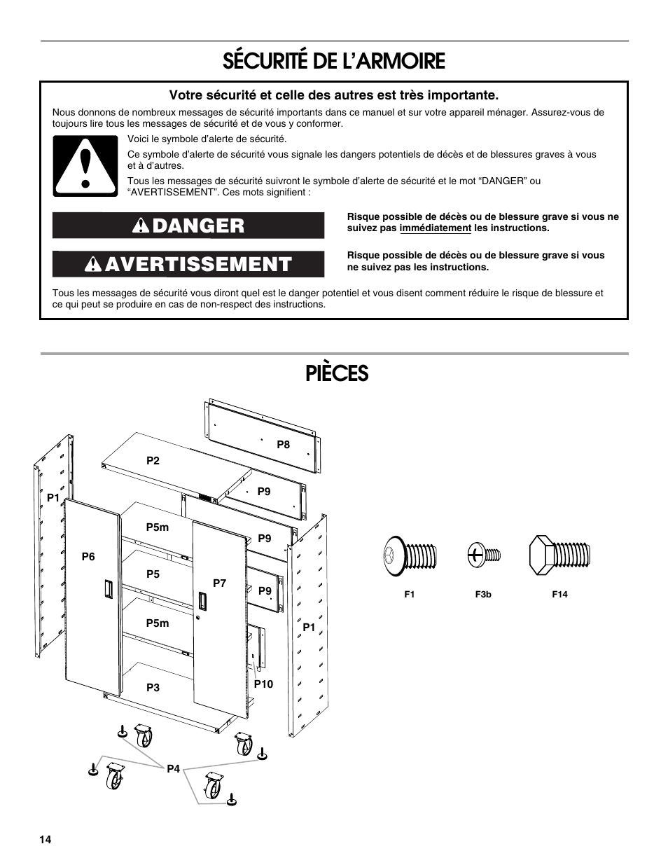 Sécurité de l’armoire pièces, Avertissement danger | Gladiator GALG36CKXG Mobile Storage Cabinet User Manual | Page 14 / 20