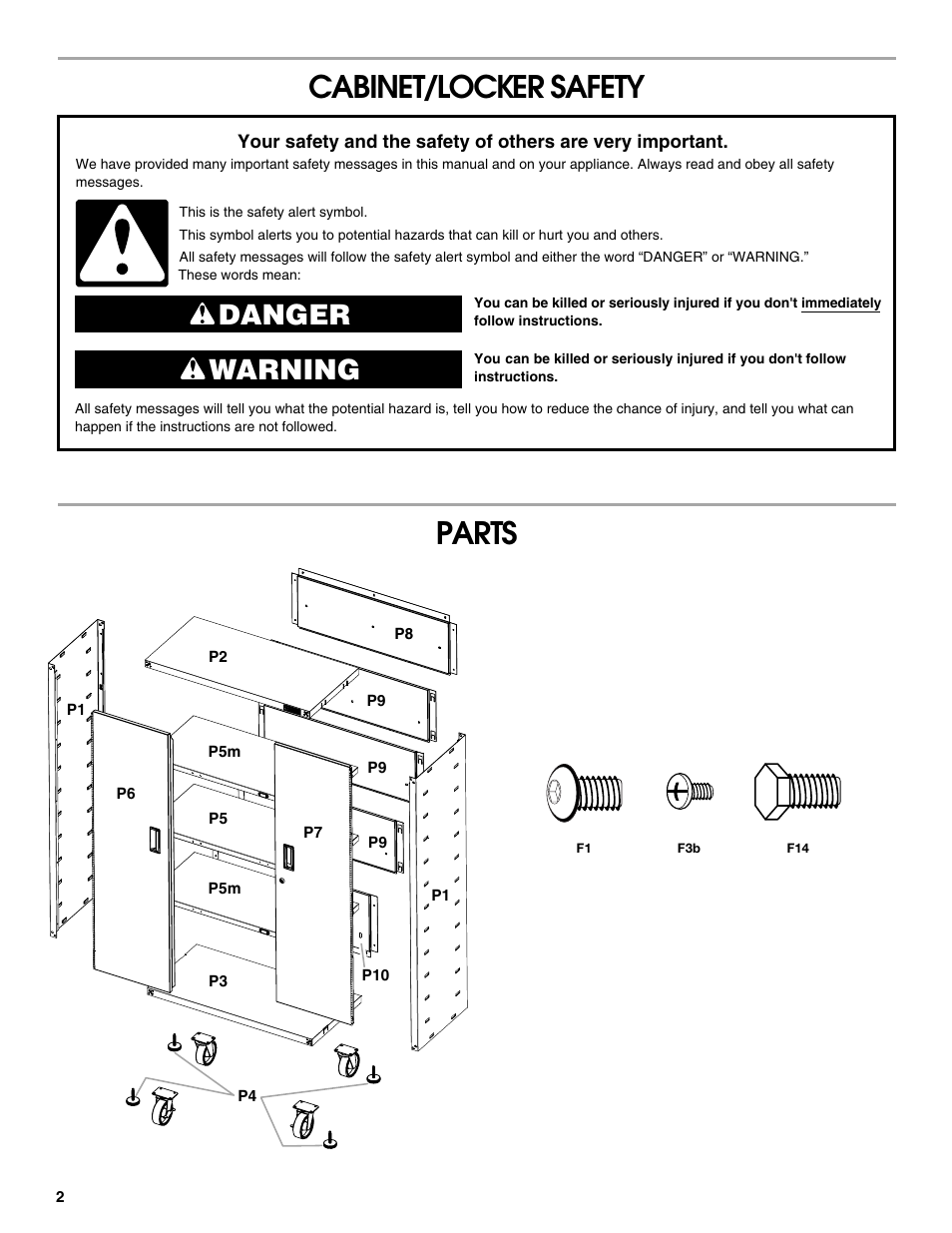 Cabinet/locker safety parts, Danger warning | Gladiator GALG36CKXG Mobile Storage Cabinet User Manual | Page 2 / 20