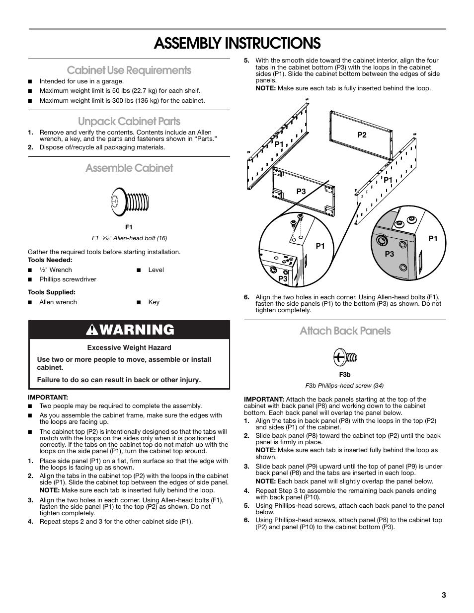 Assembly instructions, Warning, Cabinet use requirements | Unpack cabinet parts, Assemble cabinet, Attach back panels | Gladiator GALG36CKXG Mobile Storage Cabinet User Manual | Page 3 / 20