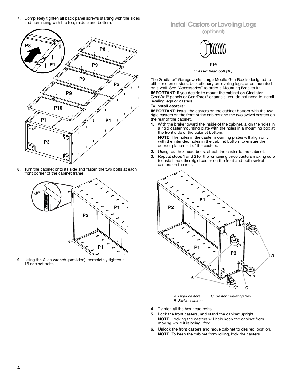 Install casters or leveling legs | Gladiator GALG36CKXG Mobile Storage Cabinet User Manual | Page 4 / 20