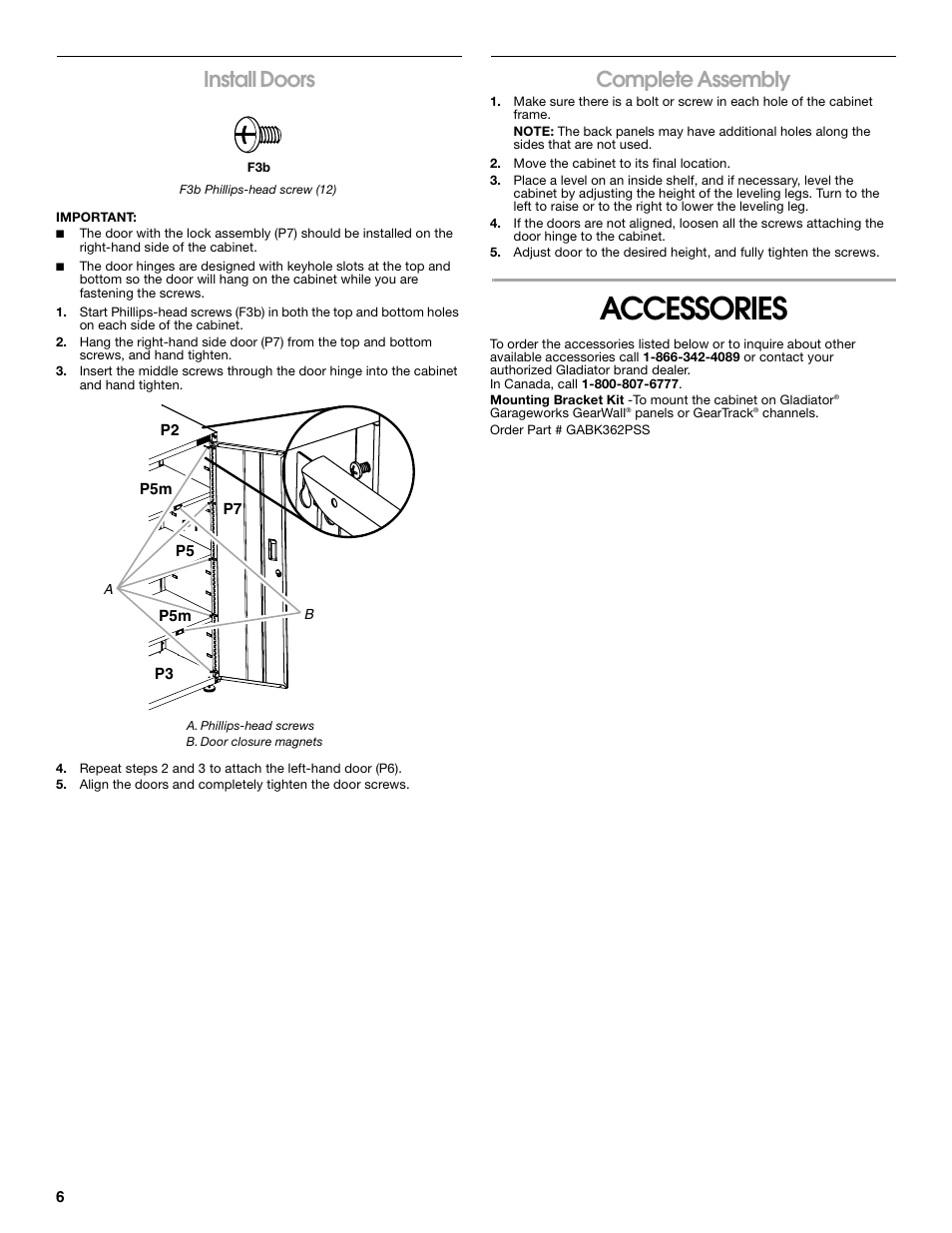Accessories, Install doors, Complete assembly | Gladiator GALG36CKXG Mobile Storage Cabinet User Manual | Page 6 / 20