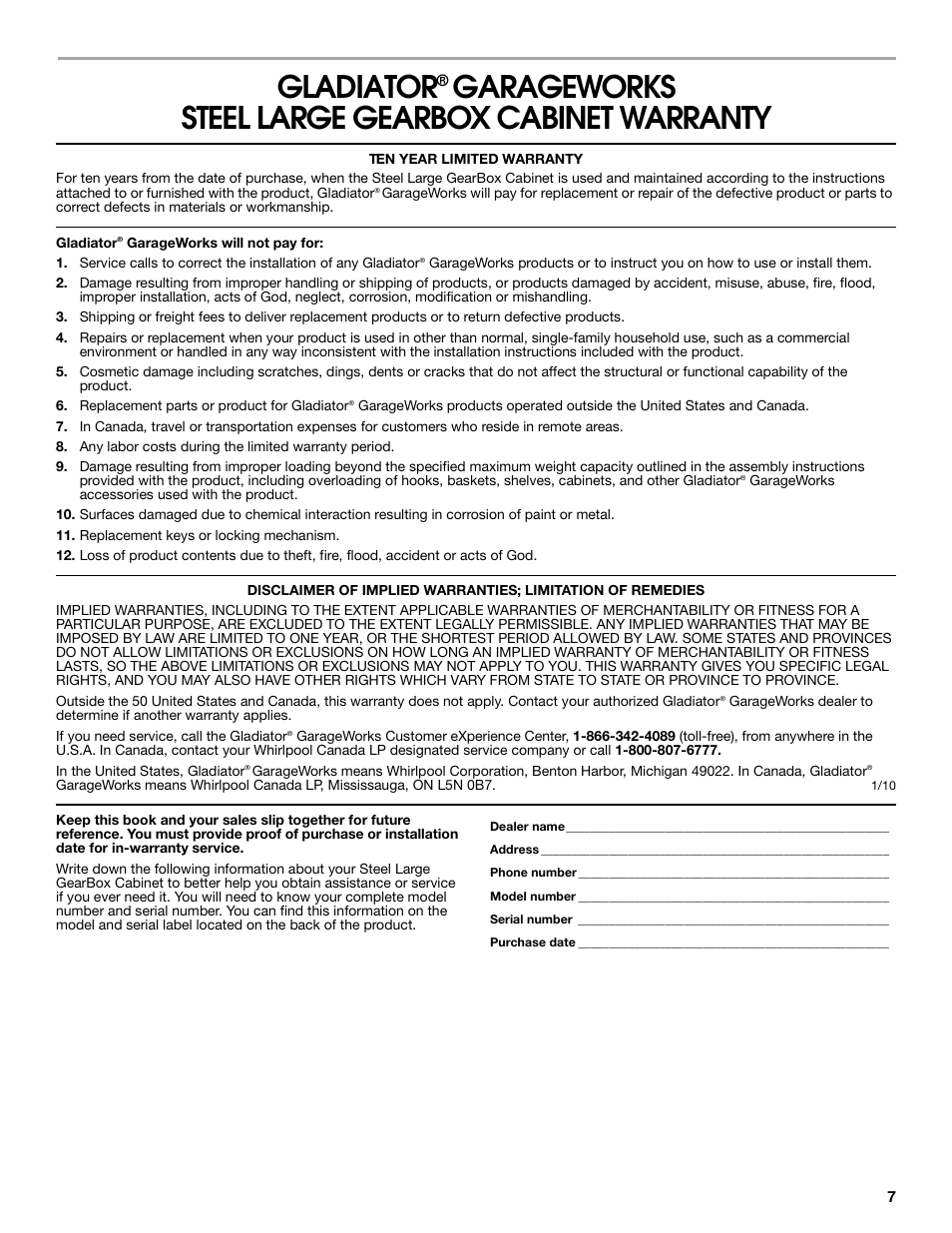 Gladiator, Garageworks steel large gearbox cabinet warranty | Gladiator GALG36CKXG Mobile Storage Cabinet User Manual | Page 7 / 20