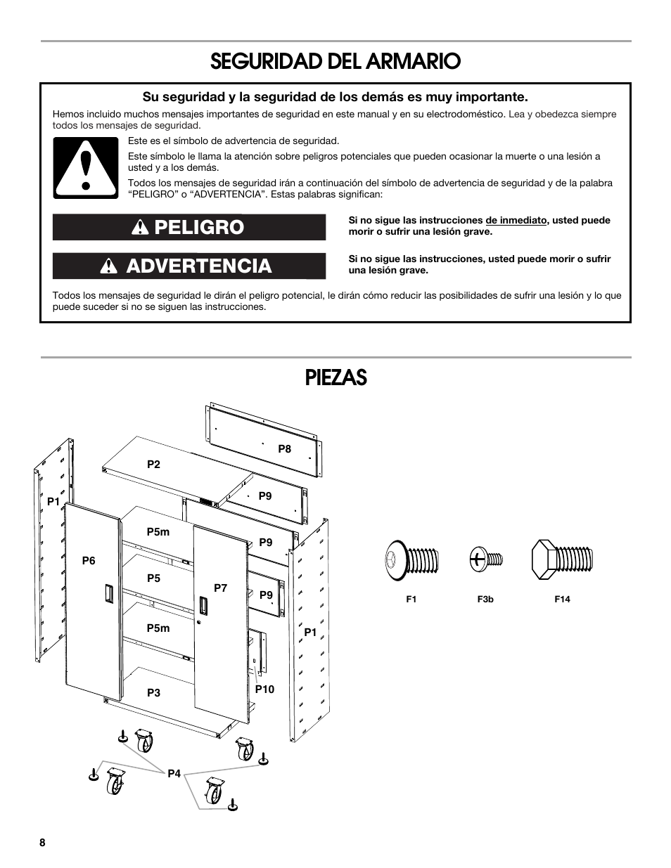 Seguridad del armario piezas, Advertencia peligro | Gladiator GALG36CKXG Mobile Storage Cabinet User Manual | Page 8 / 20