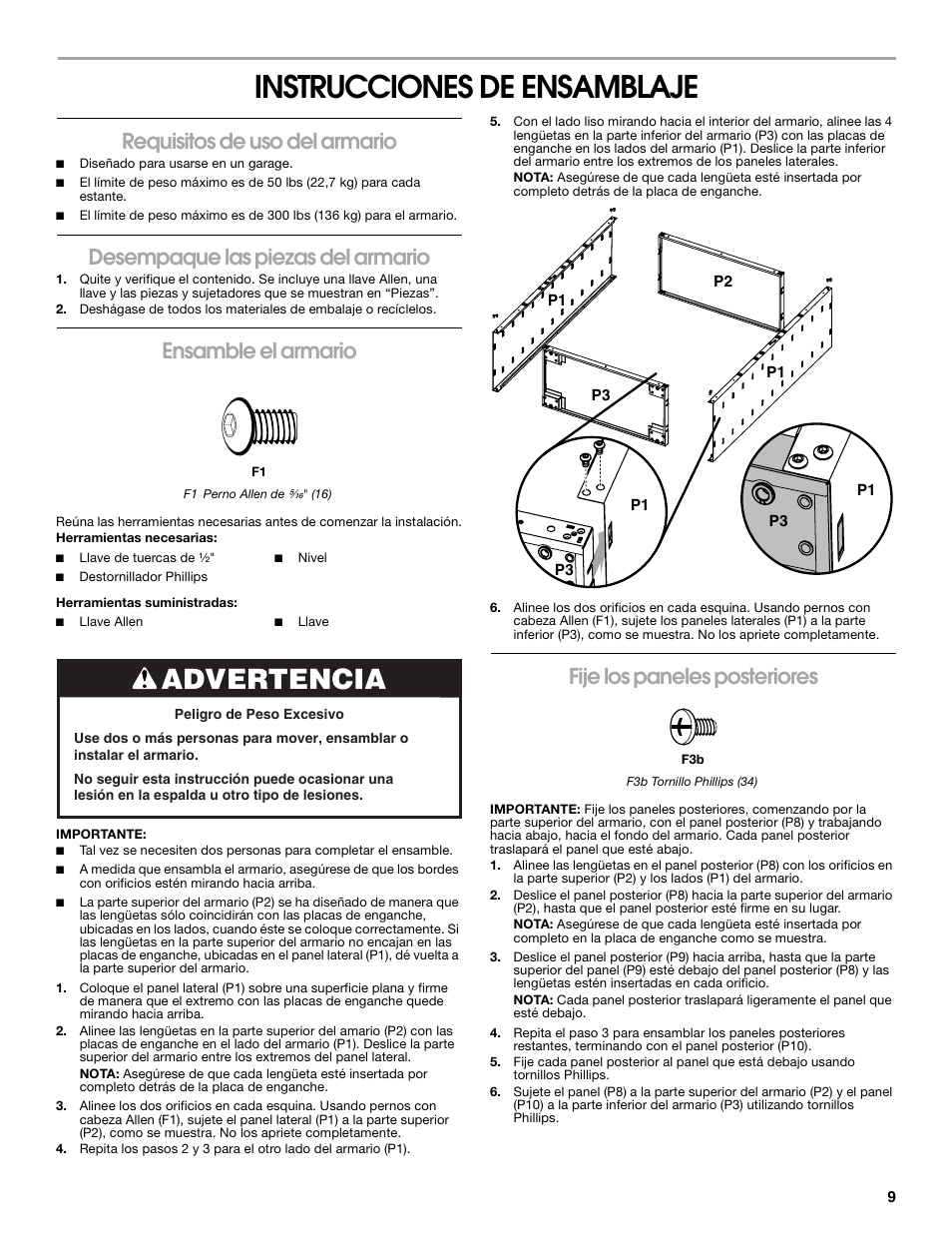 Instrucciones de ensamblaje, Advertencia, Requisitos de uso del armario | Desempaque las piezas del armario, Ensamble el armario, Fije los paneles posteriores | Gladiator GALG36CKXG Mobile Storage Cabinet User Manual | Page 9 / 20