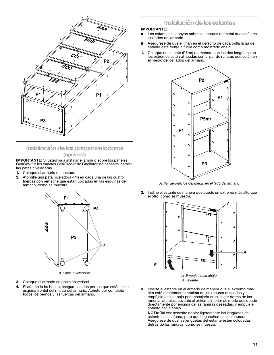 Instalación de las patas niveladoras, Instalación de los estantes | Gladiator GAJG36GRDG All-Season GearCloset User Manual | Page 11 / 20