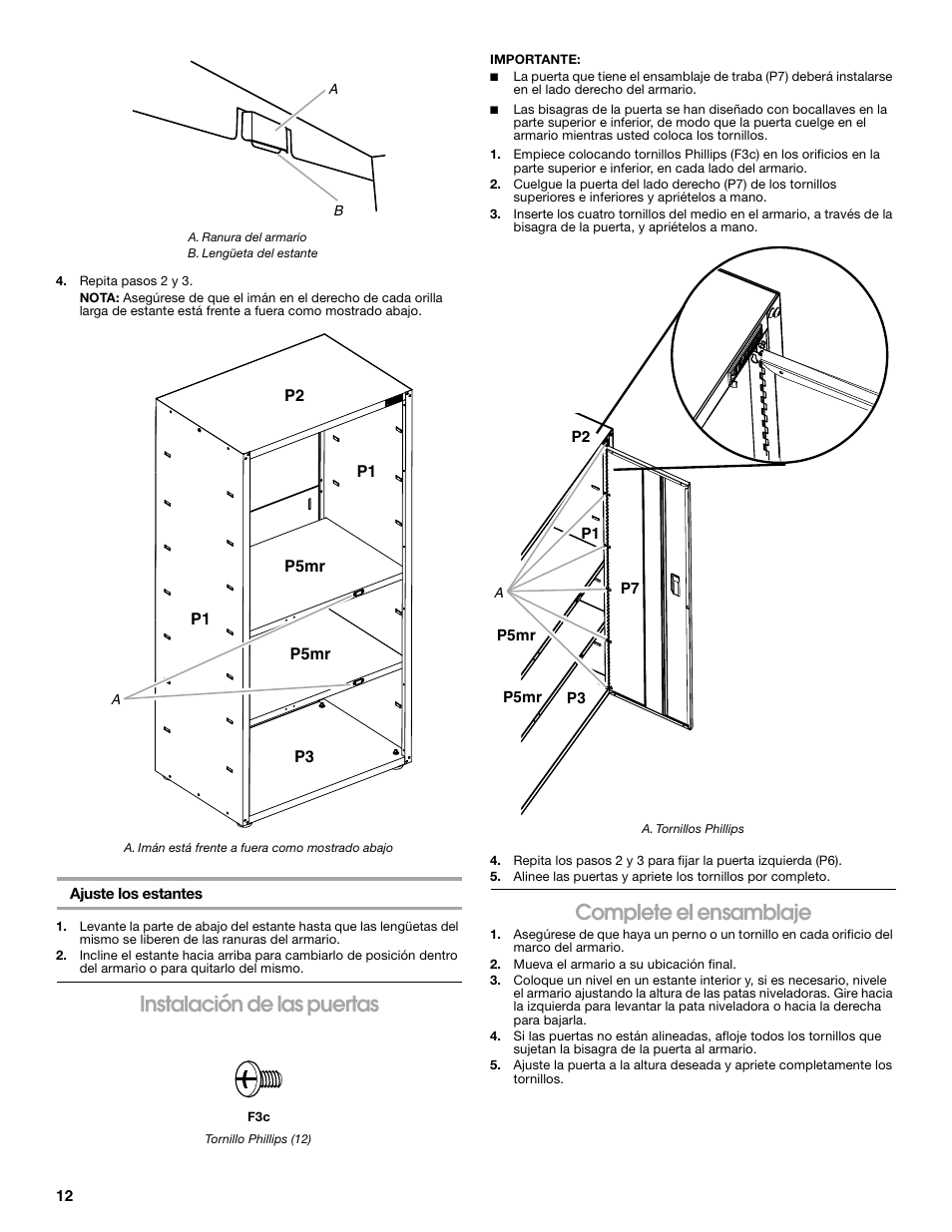 Instalación de las puertas, Complete el ensamblaje | Gladiator GAJG36GRDG All-Season GearCloset User Manual | Page 12 / 20