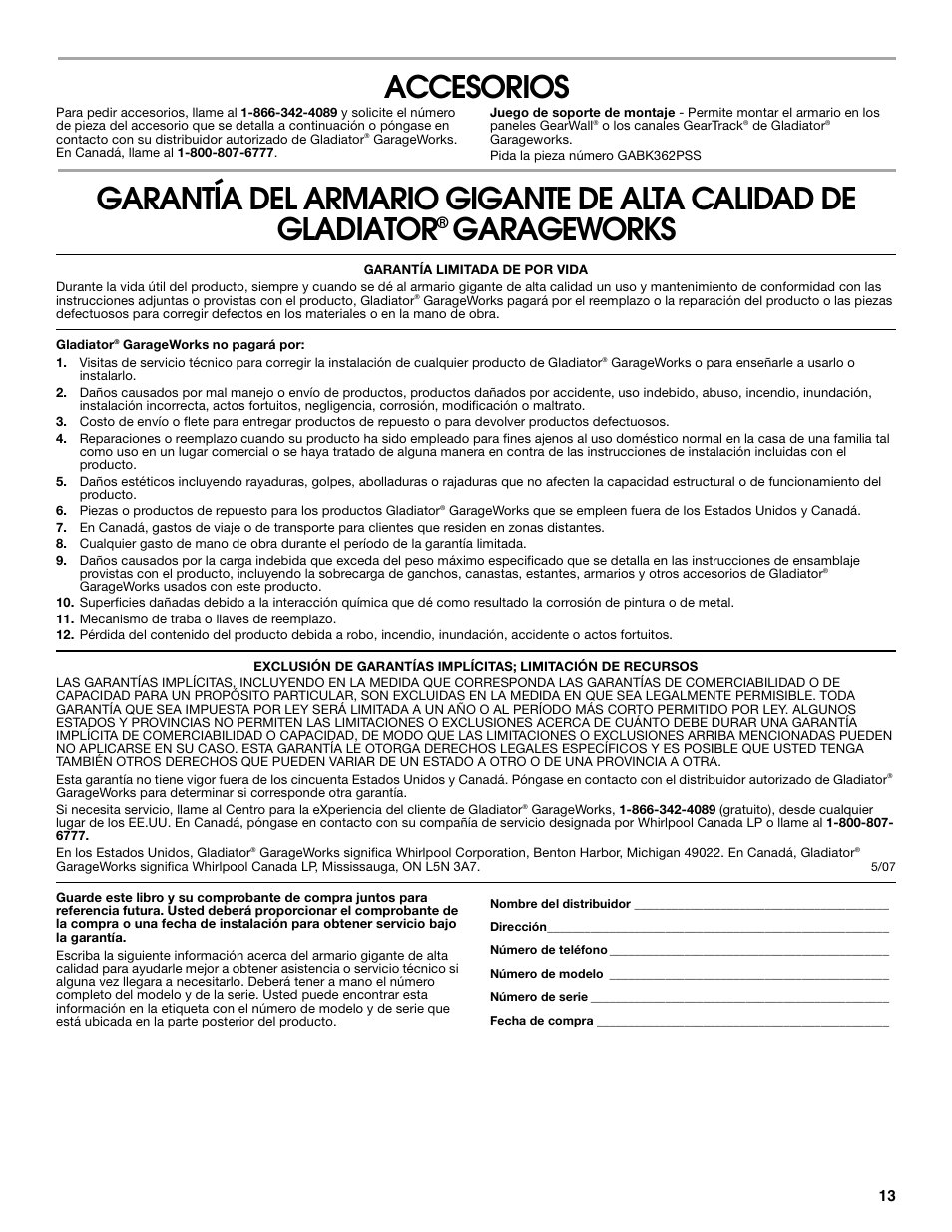 Accesorios, Garageworks | Gladiator GAJG36GRDG All-Season GearCloset User Manual | Page 13 / 20