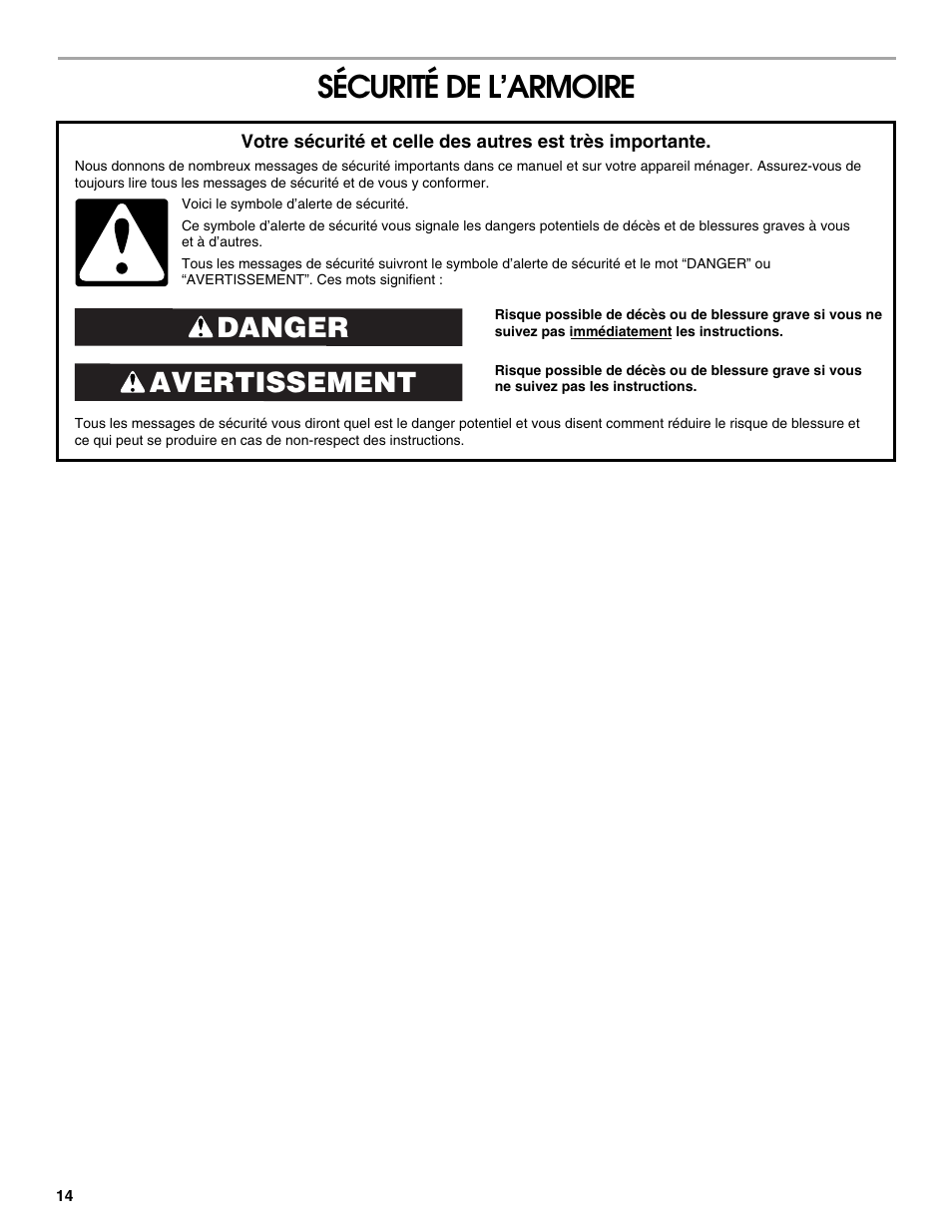 Sécurité de l’armoire, Avertissement danger | Gladiator GAJG36GRDG All-Season GearCloset User Manual | Page 14 / 20