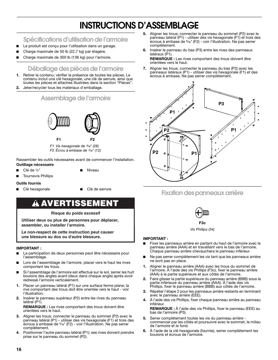 Instructions d’assemblage, Avertissement, Spécifications d’utilisation de l’armoire | Déballage des pièces de l’armoire, Assemblage de l’armoire, Fixation des panneaux arrière | Gladiator GAJG36GRDG All-Season GearCloset User Manual | Page 16 / 20