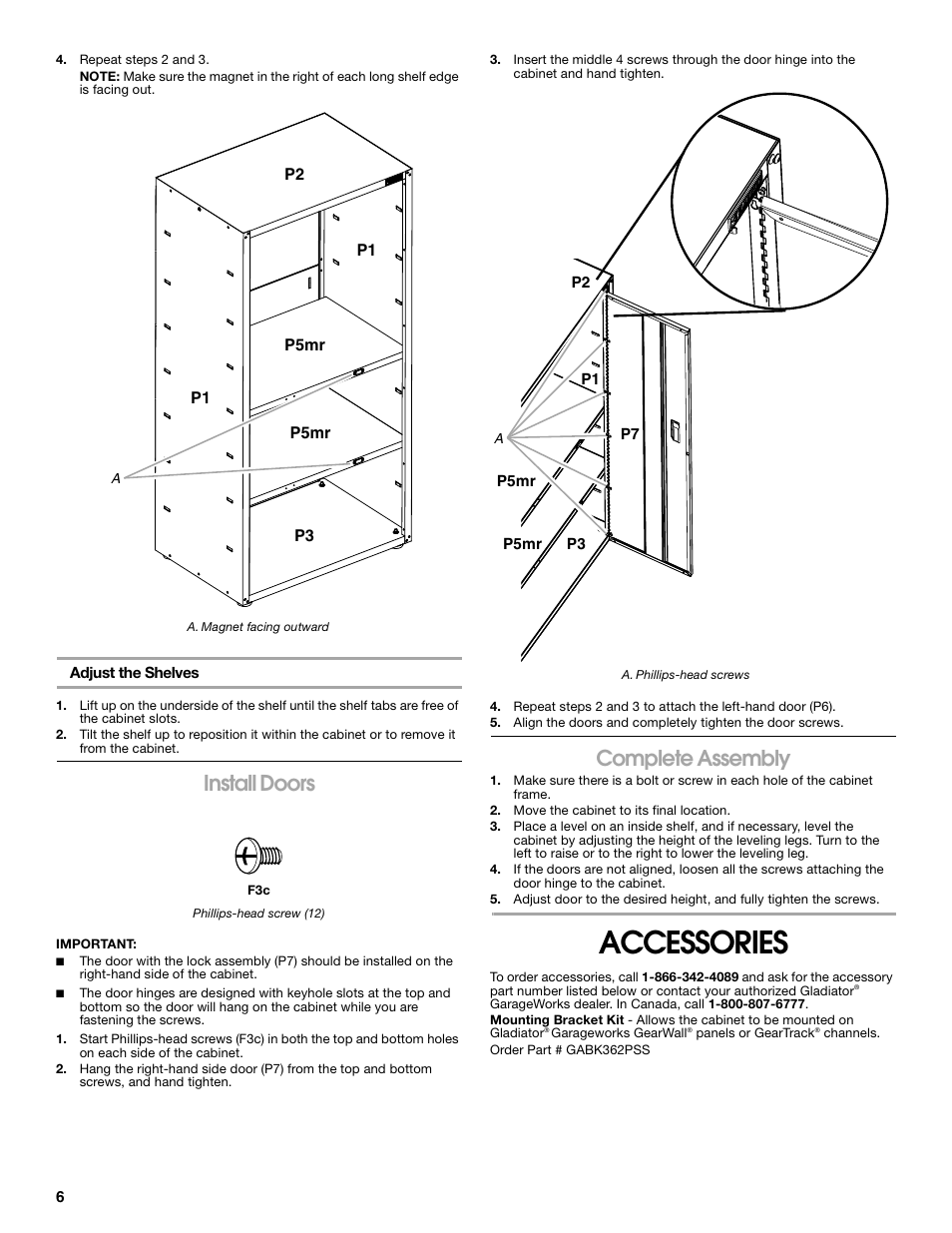 Accessories, Install doors, Complete assembly | Gladiator GAJG36GRDG All-Season GearCloset User Manual | Page 6 / 20