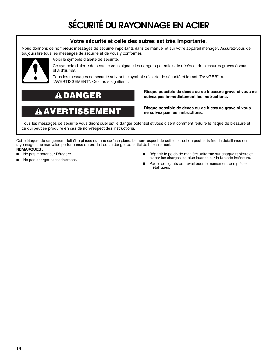 Sécurité du rayonnage en acier, Avertissement danger | Gladiator GARS774SZG 77 Rack Shelf User Manual | Page 14 / 20