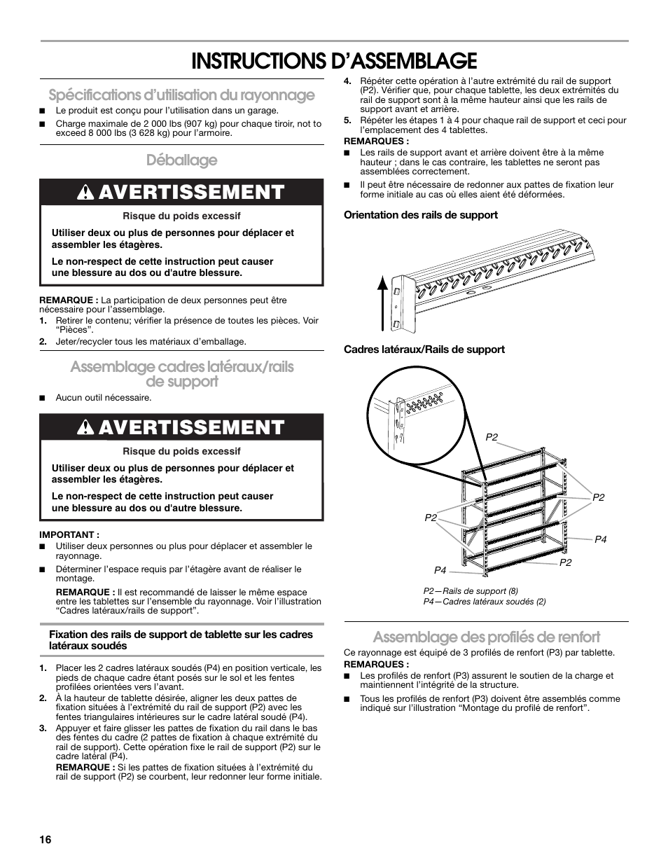 Instructions d’assemblage, Avertissement, Spécifications d’utilisation du rayonnage | Déballage, Assemblage cadres latéraux/rails de support, Assemblage des profilés de renfort | Gladiator GARS774SZG 77 Rack Shelf User Manual | Page 16 / 20