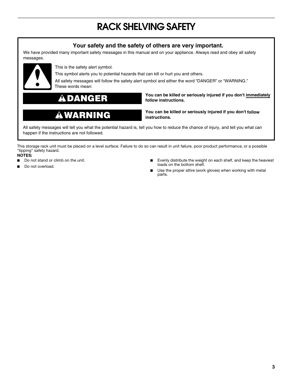 Rack shelving safety, Danger warning | Gladiator GARS774SZG 77 Rack Shelf User Manual | Page 3 / 20