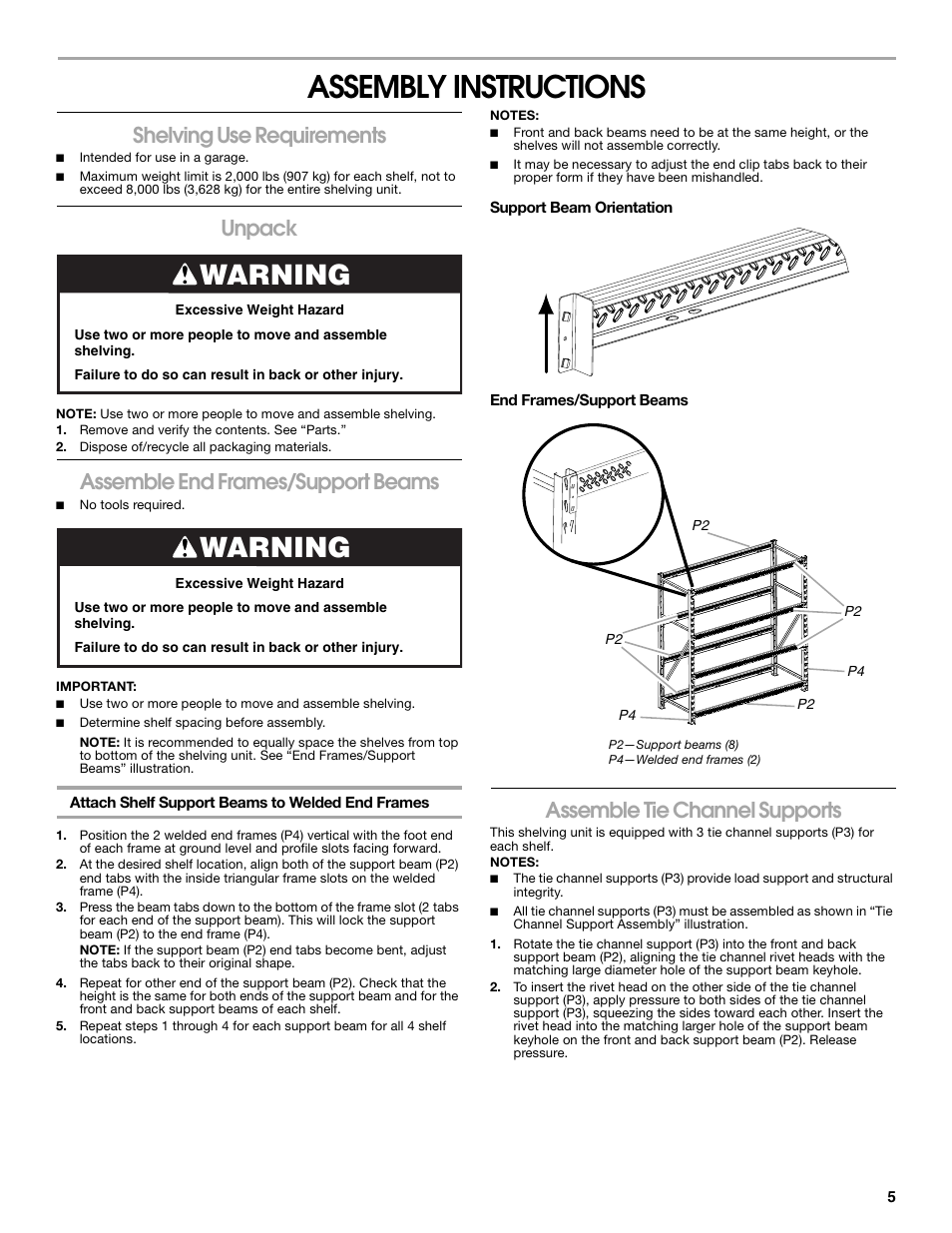 Assembly instructions, Warning, Shelving use requirements | Unpack, Assemble end frames/support beams, Assemble tie channel supports | Gladiator GARS774SZG 77 Rack Shelf User Manual | Page 5 / 20
