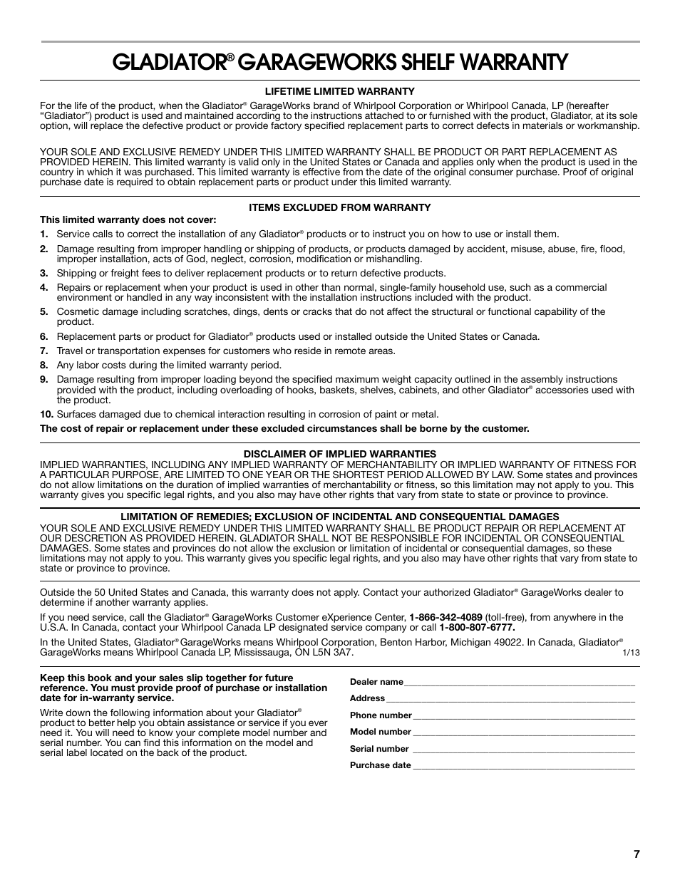 Gladiator, Garageworks shelf warranty | Gladiator GARS774SZG 77 Rack Shelf User Manual | Page 7 / 20