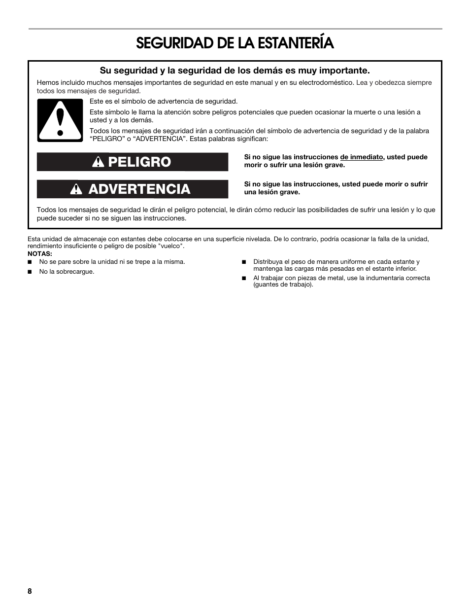 Seguridad de la estantería, Advertencia peligro | Gladiator GARS774SZG 77 Rack Shelf User Manual | Page 8 / 20