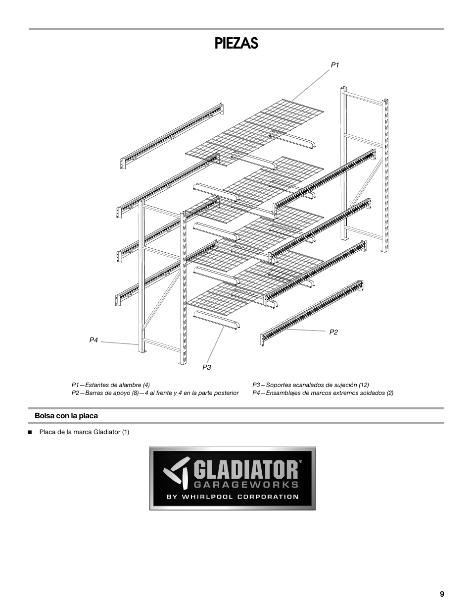 Piezas | Gladiator GARS774SZG 77 Rack Shelf User Manual | Page 9 / 20