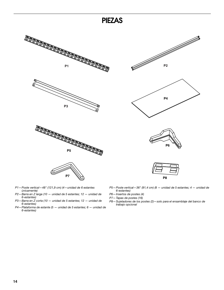 Piezas | Gladiator GARS486XBG Cadet 48 x 18 6-Tier Rack Shelf User Manual | Page 14 / 36