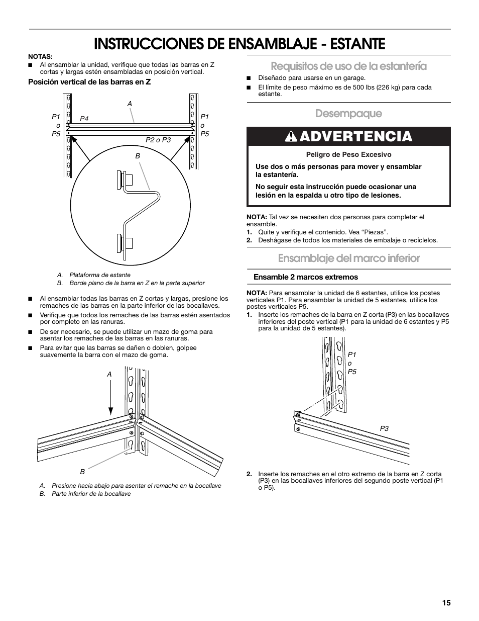 Instrucciones de ensamblaje - estante, Advertencia, Requisitos de uso de la estantería | Desempaque, Ensamblaje del marco inferior | Gladiator GARS486XBG Cadet 48 x 18 6-Tier Rack Shelf User Manual | Page 15 / 36