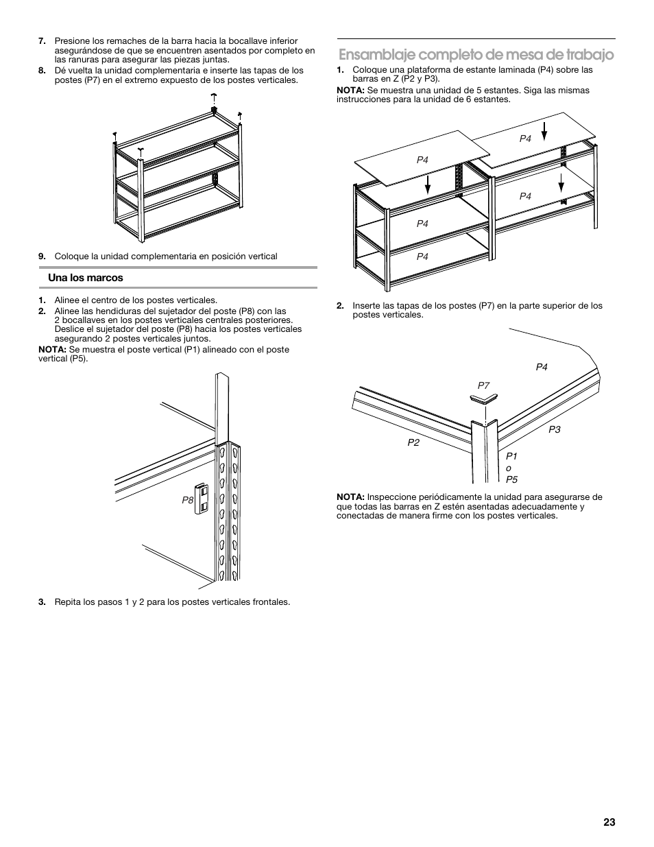 Ensamblaje completo de mesa de trabajo | Gladiator GARS486XBG Cadet 48 x 18 6-Tier Rack Shelf User Manual | Page 23 / 36