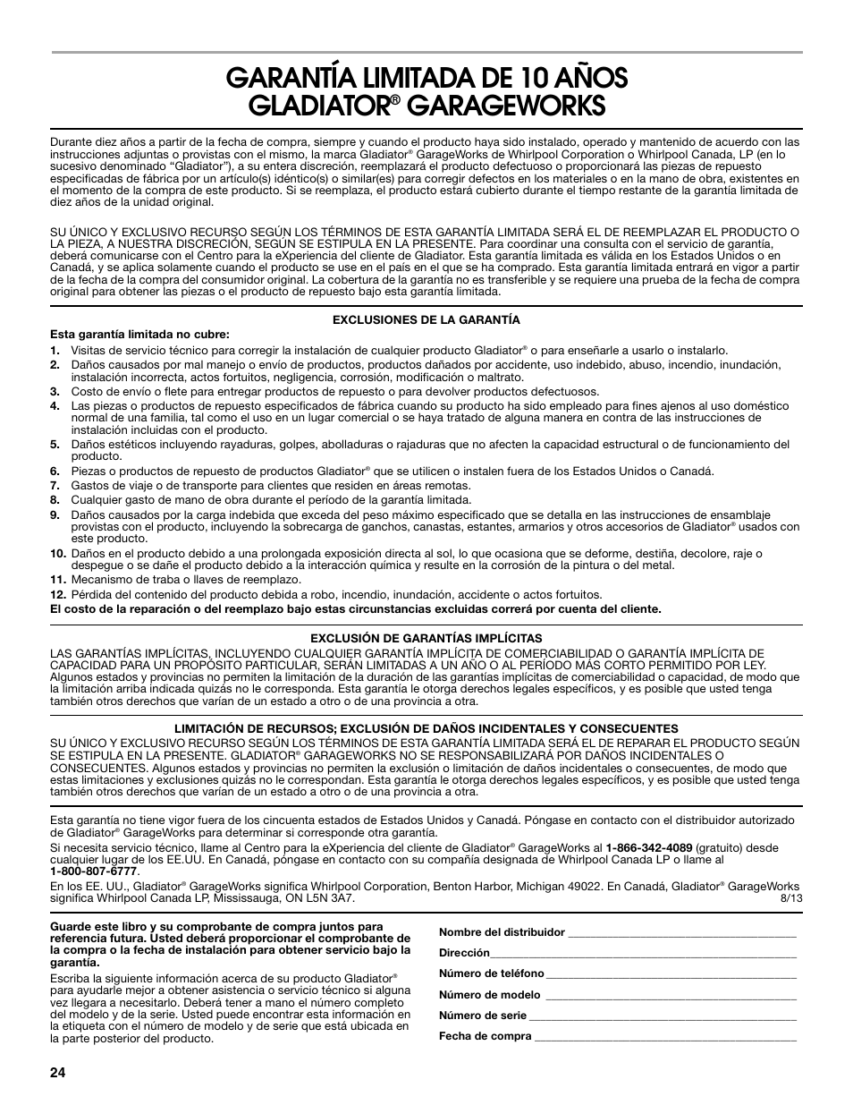 Garantía limitada de 10 años gladiator, Garageworks | Gladiator GARS486XBG Cadet 48 x 18 6-Tier Rack Shelf User Manual | Page 24 / 36