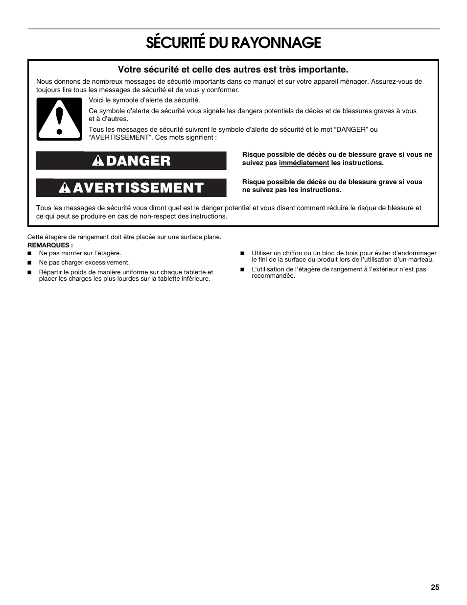 Sécurité du rayonnage, Avertissement danger | Gladiator GARS486XBG Cadet 48 x 18 6-Tier Rack Shelf User Manual | Page 25 / 36