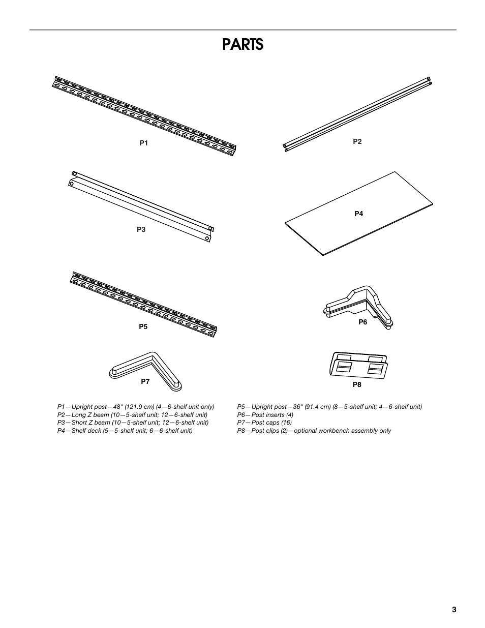 Parts | Gladiator GARS486XBG Cadet 48 x 18 6-Tier Rack Shelf User Manual | Page 3 / 36