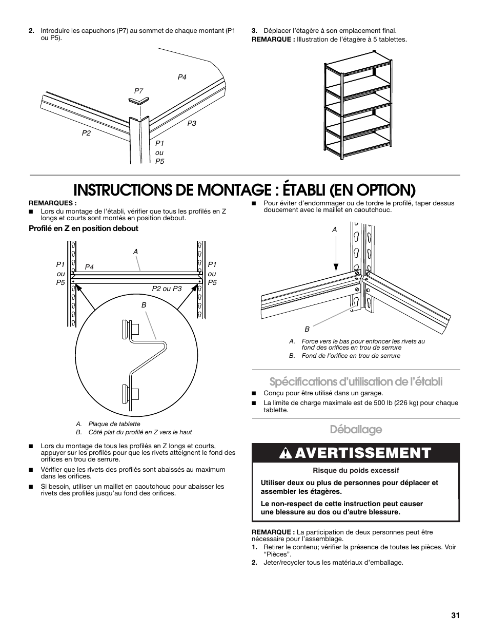 Instructions de montage : établi (en option), Avertissement, Spécifications d’utilisation de l’établi | Déballage | Gladiator GARS486XBG Cadet 48 x 18 6-Tier Rack Shelf User Manual | Page 31 / 36