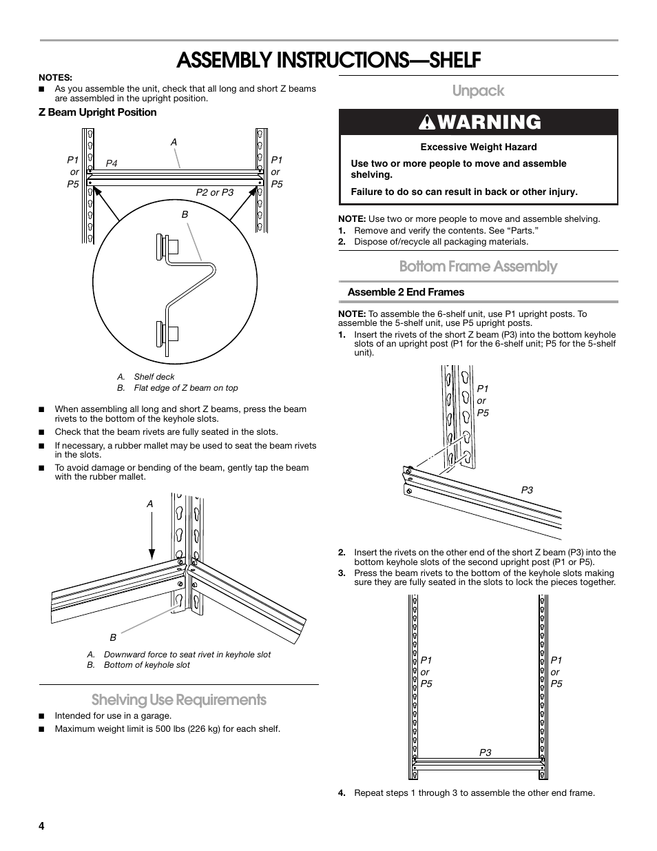 Assembly instructions—shelf, Warning, Shelving use requirements | Unpack, Bottom frame assembly | Gladiator GARS486XBG Cadet 48 x 18 6-Tier Rack Shelf User Manual | Page 4 / 36