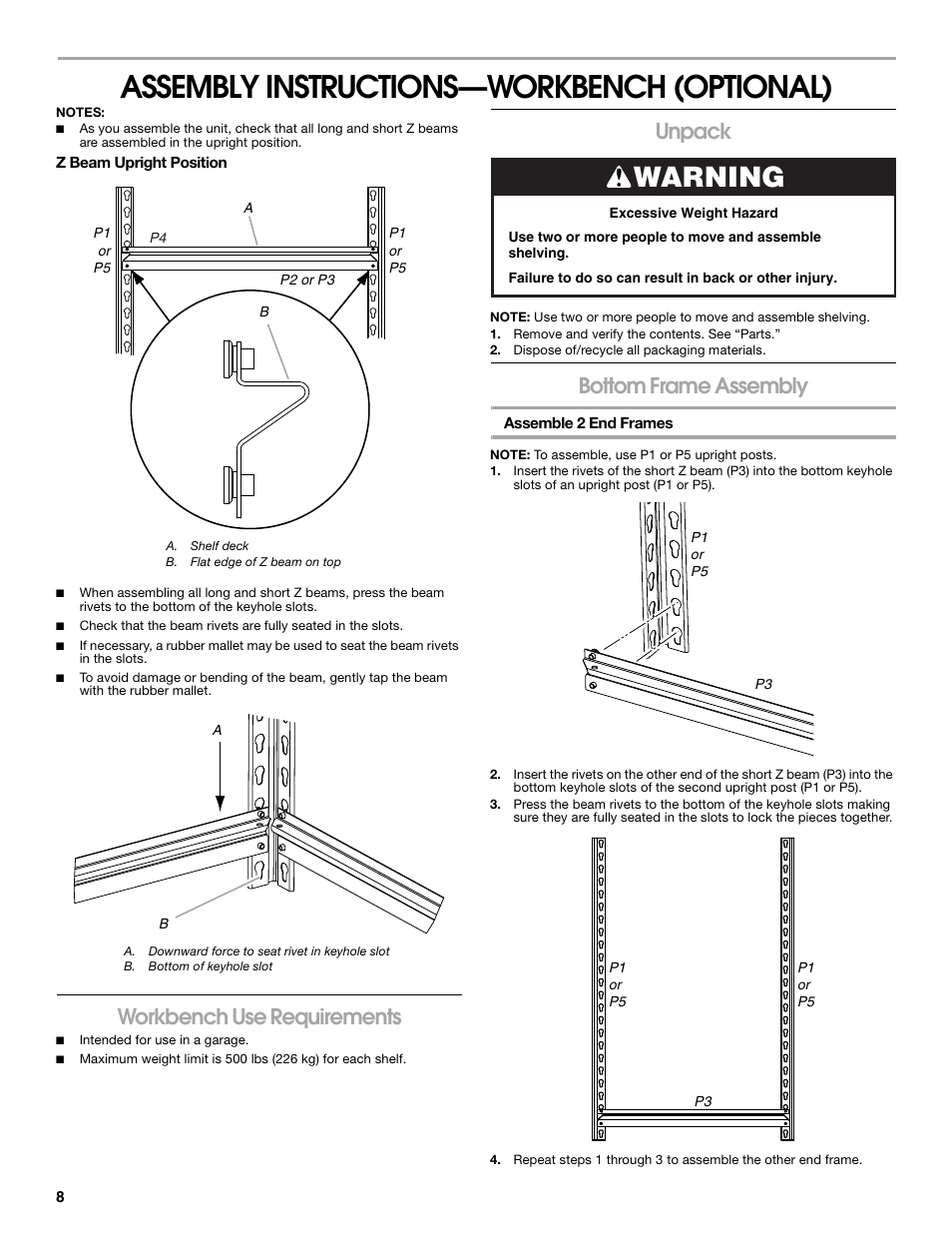 Assembly instructions—workbench (optional), Warning, Workbench use requirements | Unpack, Bottom frame assembly | Gladiator GARS486XBG Cadet 48 x 18 6-Tier Rack Shelf User Manual | Page 8 / 36
