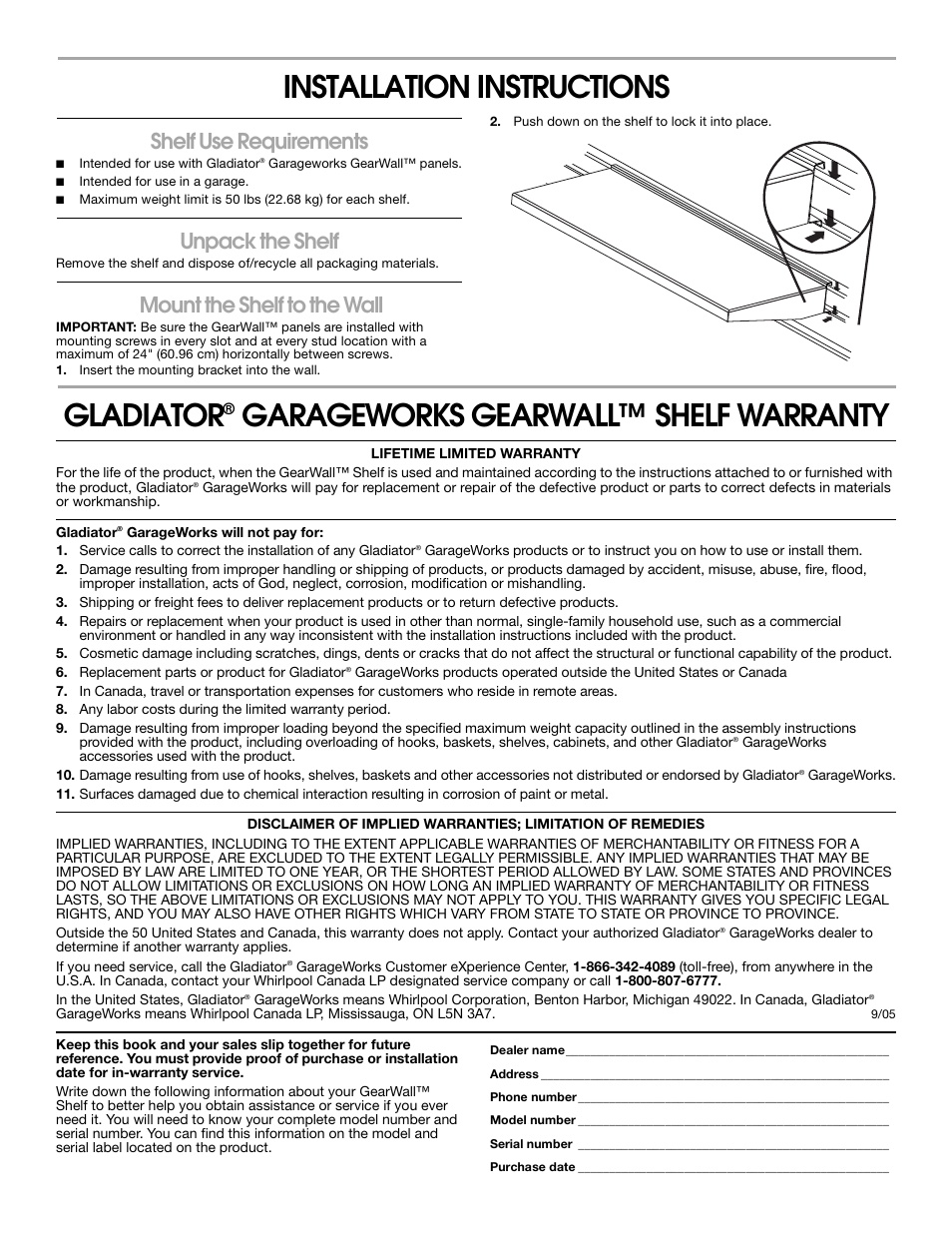 Installation instructions, Gladiator, Garageworks gearwall™ shelf warranty | Shelf use requirements, Unpack the shelf, Mount the shelf to the wall | Gladiator GAWA48SFRG 48 Gearloft Shelf User Manual | Page 2 / 6