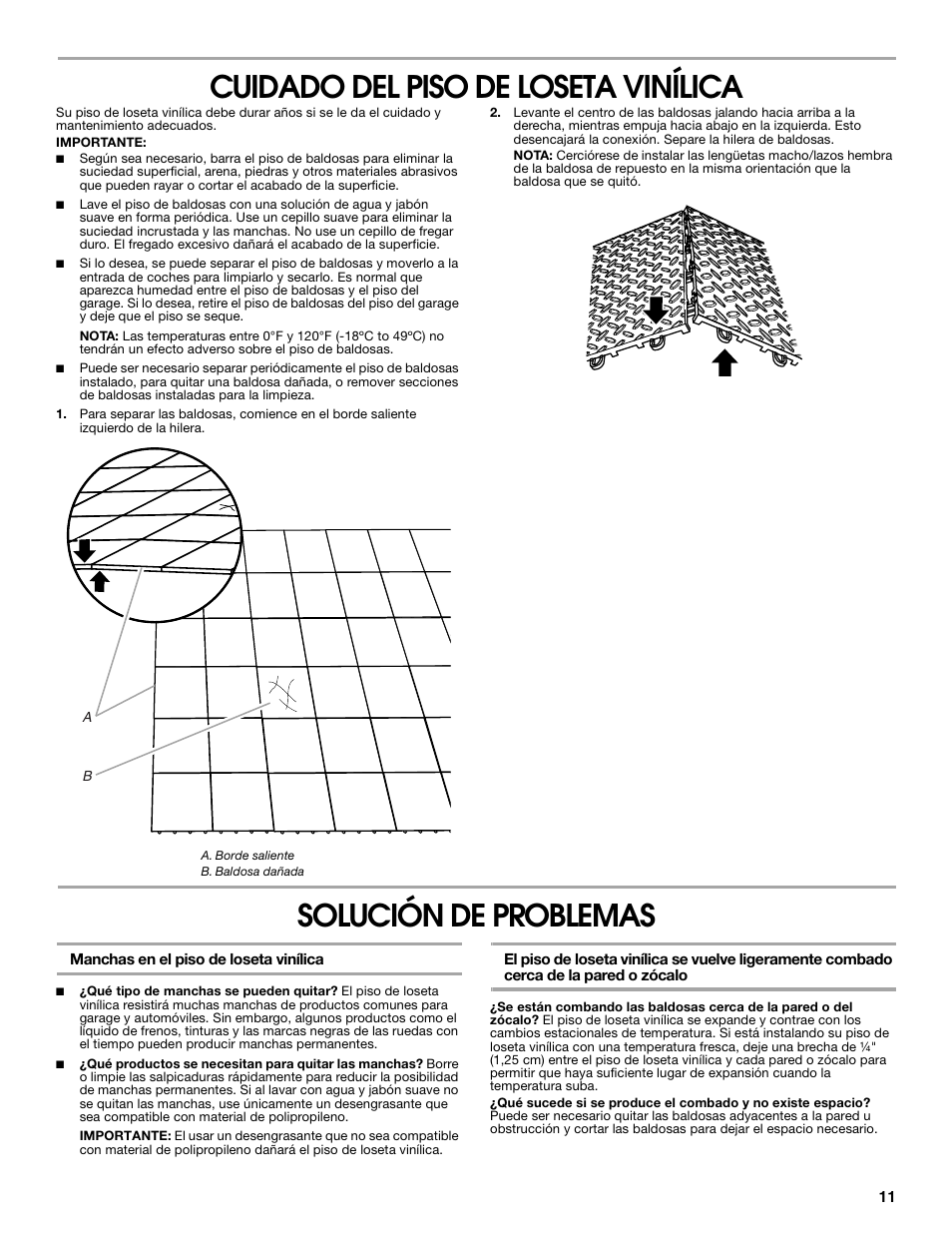 Cuidado del piso de loseta vinílica, Solución de problemas | Gladiator GAFP32CBZM New Gladiator Floor Pack User Manual | Page 11 / 20