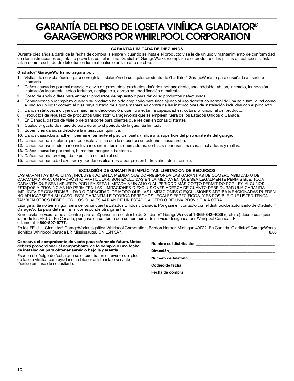 Garantía del piso de loseta vinílica gladiator, Garageworks por whirlpool corporation | Gladiator GAFP32CBZM New Gladiator Floor Pack User Manual | Page 12 / 20