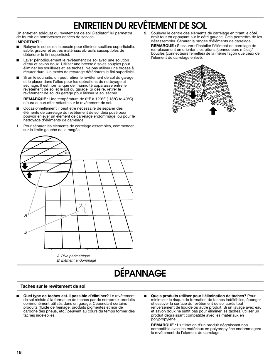 Entretien du revêtement de sol, Dépannage | Gladiator GAFP32CBZM New Gladiator Floor Pack User Manual | Page 18 / 20