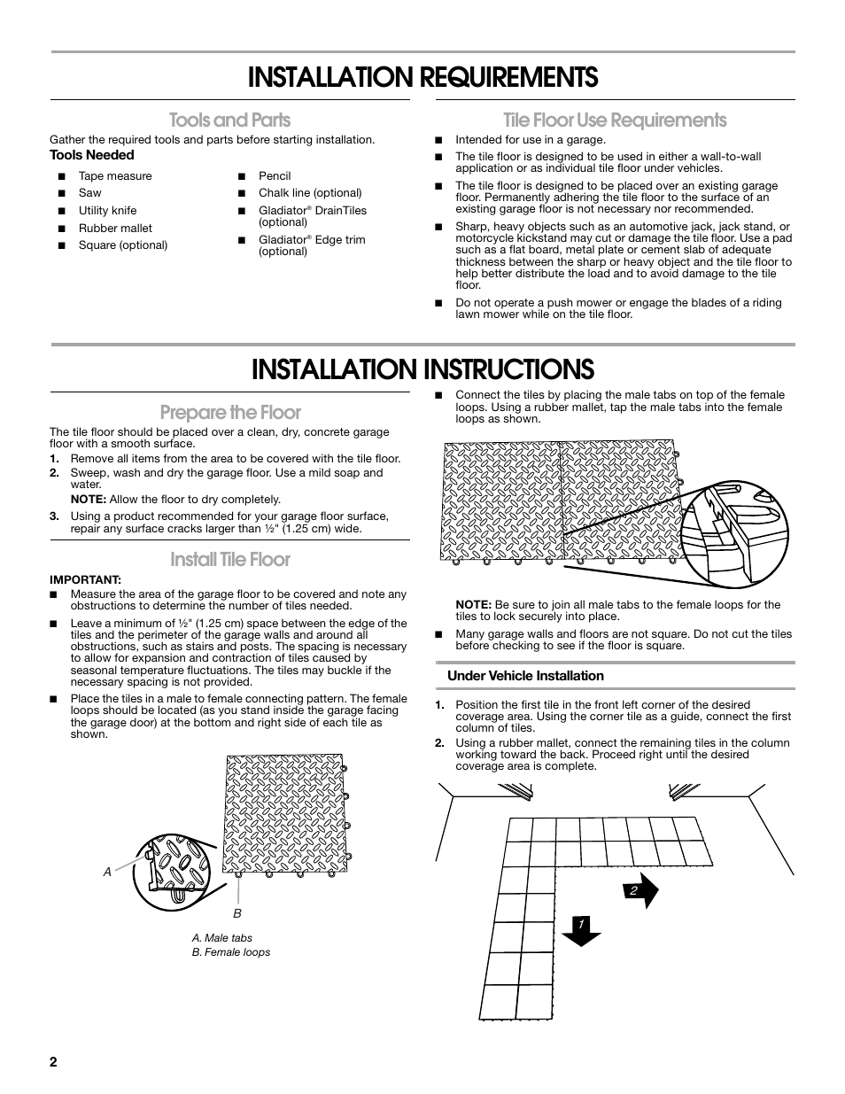 Installation requirements, Installation instructions, Tools and parts | Tile floor use requirements, Prepare the floor, Install tile floor | Gladiator GAFP32CBZM New Gladiator Floor Pack User Manual | Page 2 / 20