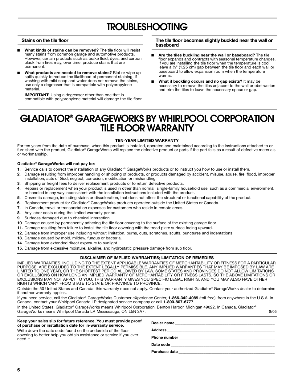 Troubleshooting, Gladiator | Gladiator GAFP32CBZM New Gladiator Floor Pack User Manual | Page 6 / 20