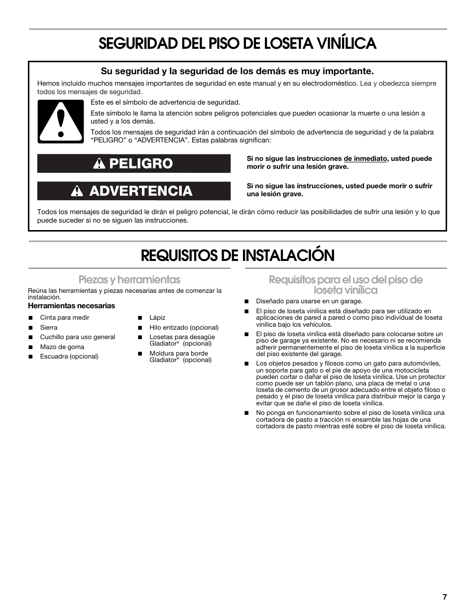 Advertencia peligro, Piezas y herramientas, Requisitos para el uso del piso de loseta vinílica | Gladiator GAFP32CBZM New Gladiator Floor Pack User Manual | Page 7 / 20