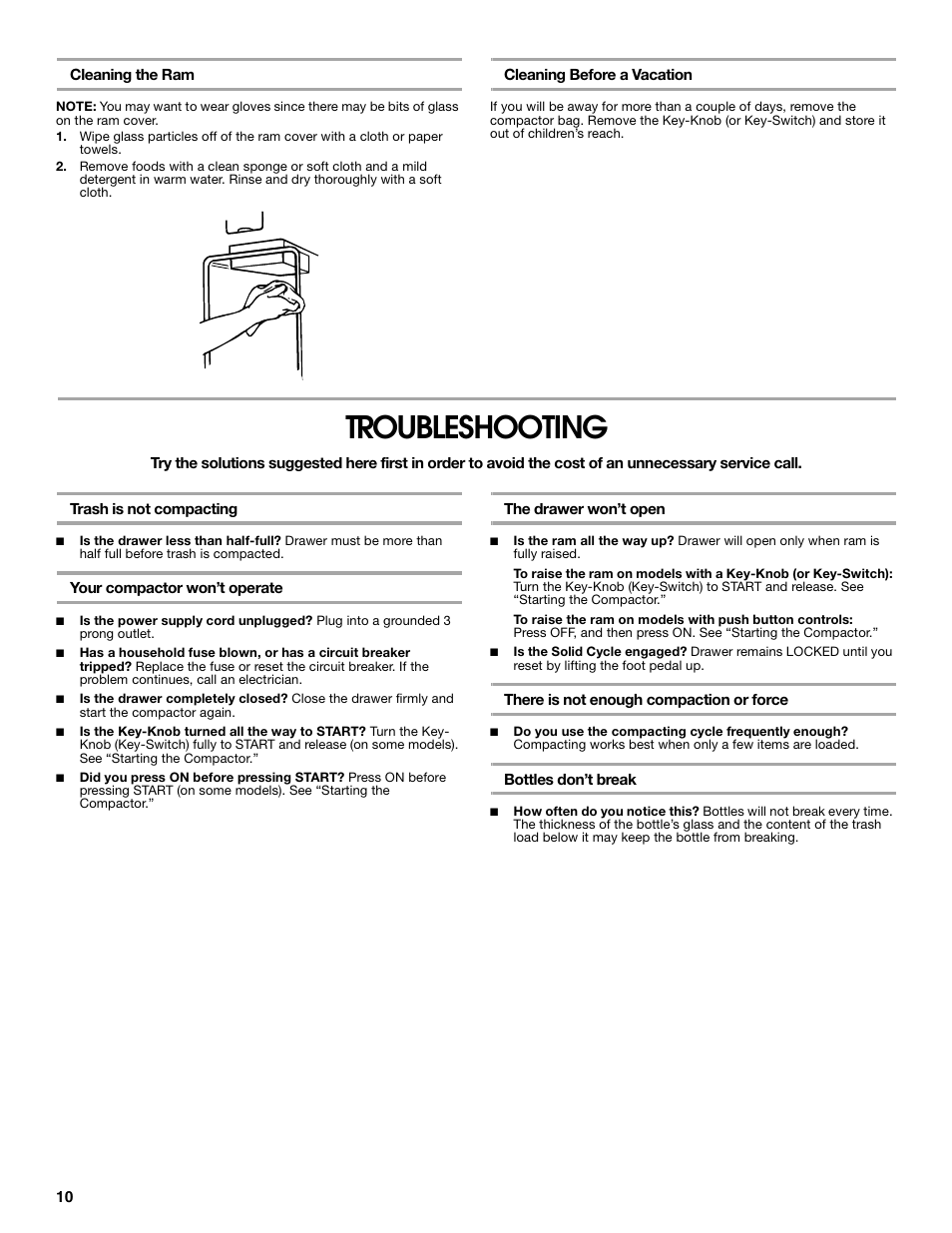 Troubleshooting | Gladiator GACP15XXMG Garage Compactor User Manual | Page 10 / 28