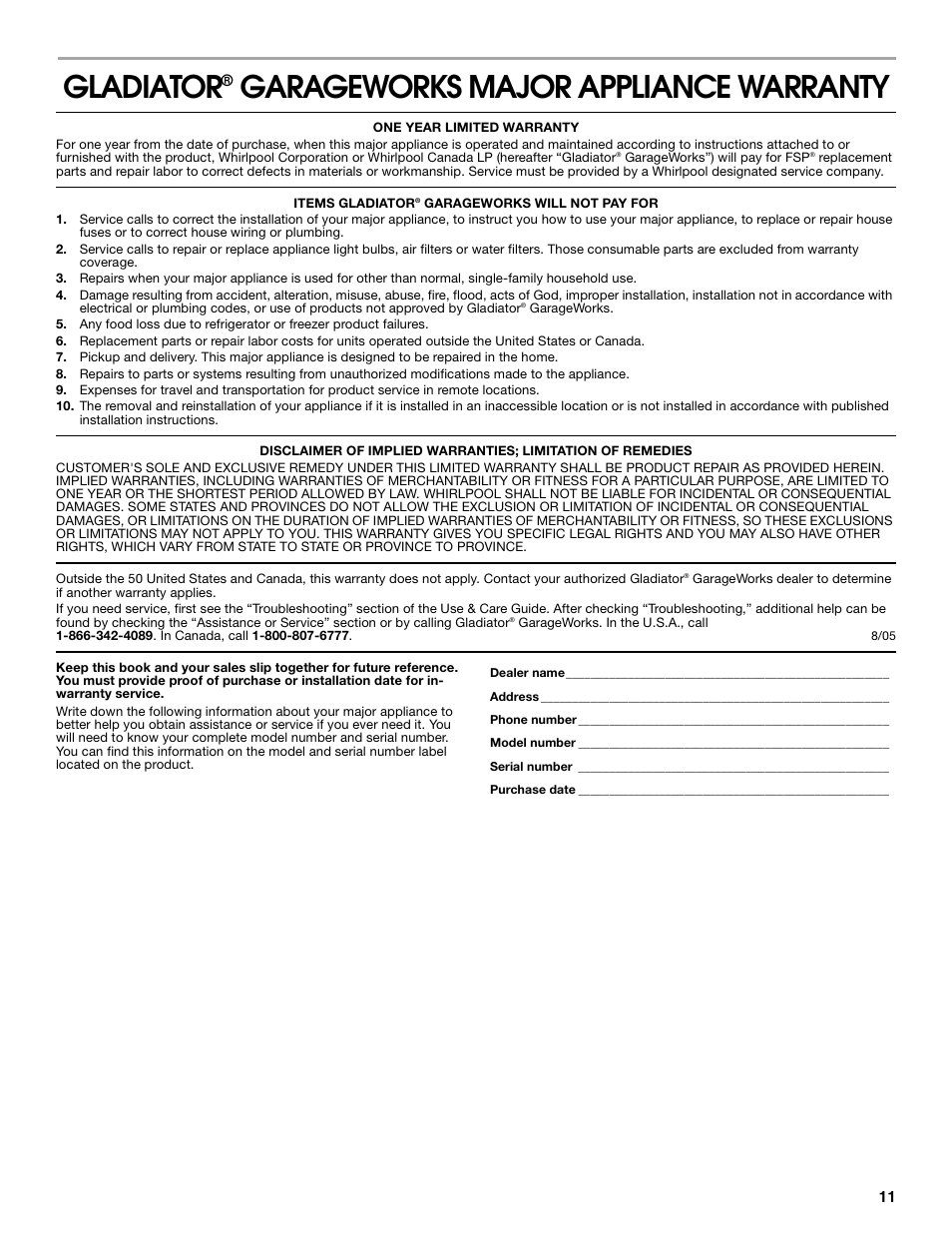 Gladiator, Garageworks major appliance warranty | Gladiator GACP15XXMG Garage Compactor User Manual | Page 11 / 28