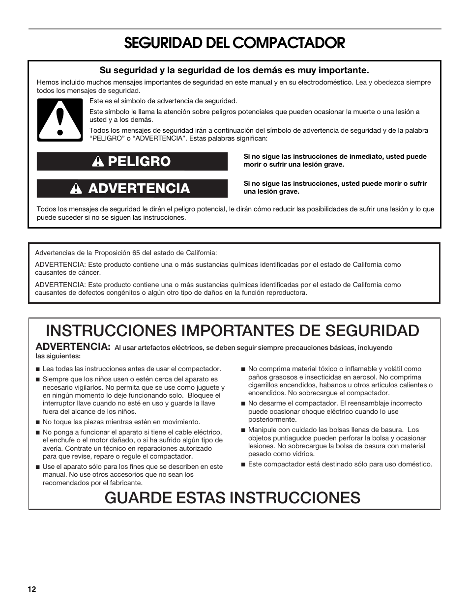 Instrucciones importantes de seguridad, Guarde estas instrucciones, Seguridad del compactador | Advertencia peligro, Advertencia | Gladiator GACP15XXMG Garage Compactor User Manual | Page 12 / 28