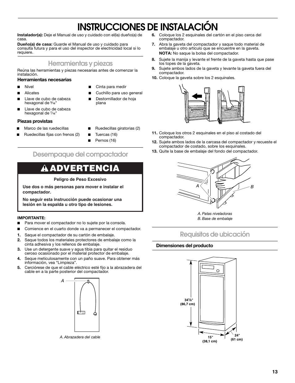 Instrucciones de instalación, Advertencia, Herramientas y piezas | Desempaque del compactador, Requisitos de ubicación | Gladiator GACP15XXMG Garage Compactor User Manual | Page 13 / 28
