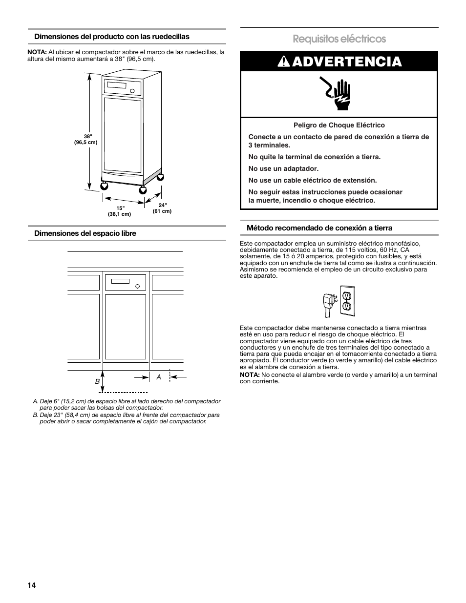 Advertencia, Requisitos eléctricos | Gladiator GACP15XXMG Garage Compactor User Manual | Page 14 / 28
