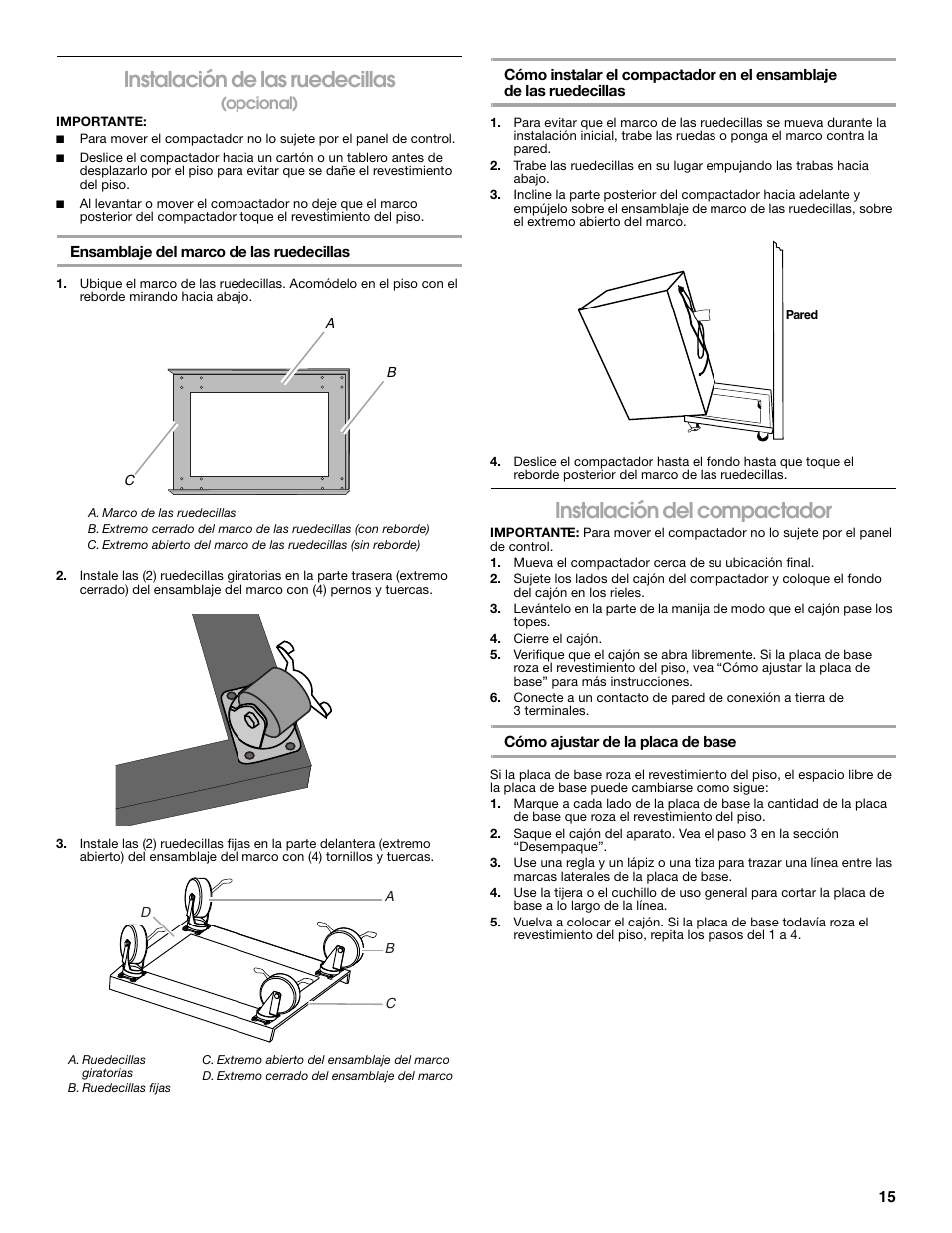 Instalación de las ruedecillas, Instalación del compactador, Opcional) | Gladiator GACP15XXMG Garage Compactor User Manual | Page 15 / 28