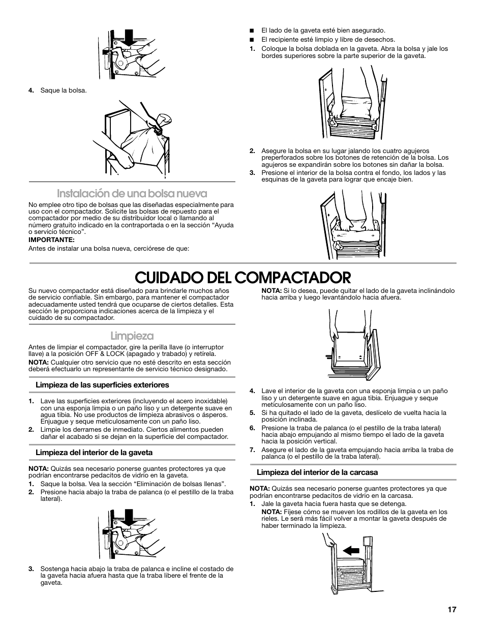 Cuidado del compactador, Instalación de una bolsa nueva, Limpieza | Gladiator GACP15XXMG Garage Compactor User Manual | Page 17 / 28
