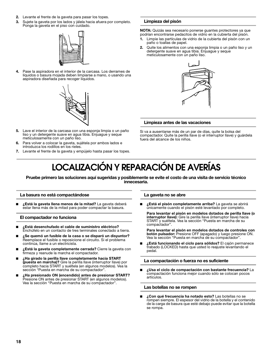 Localización y reparación de averías | Gladiator GACP15XXMG Garage Compactor User Manual | Page 18 / 28