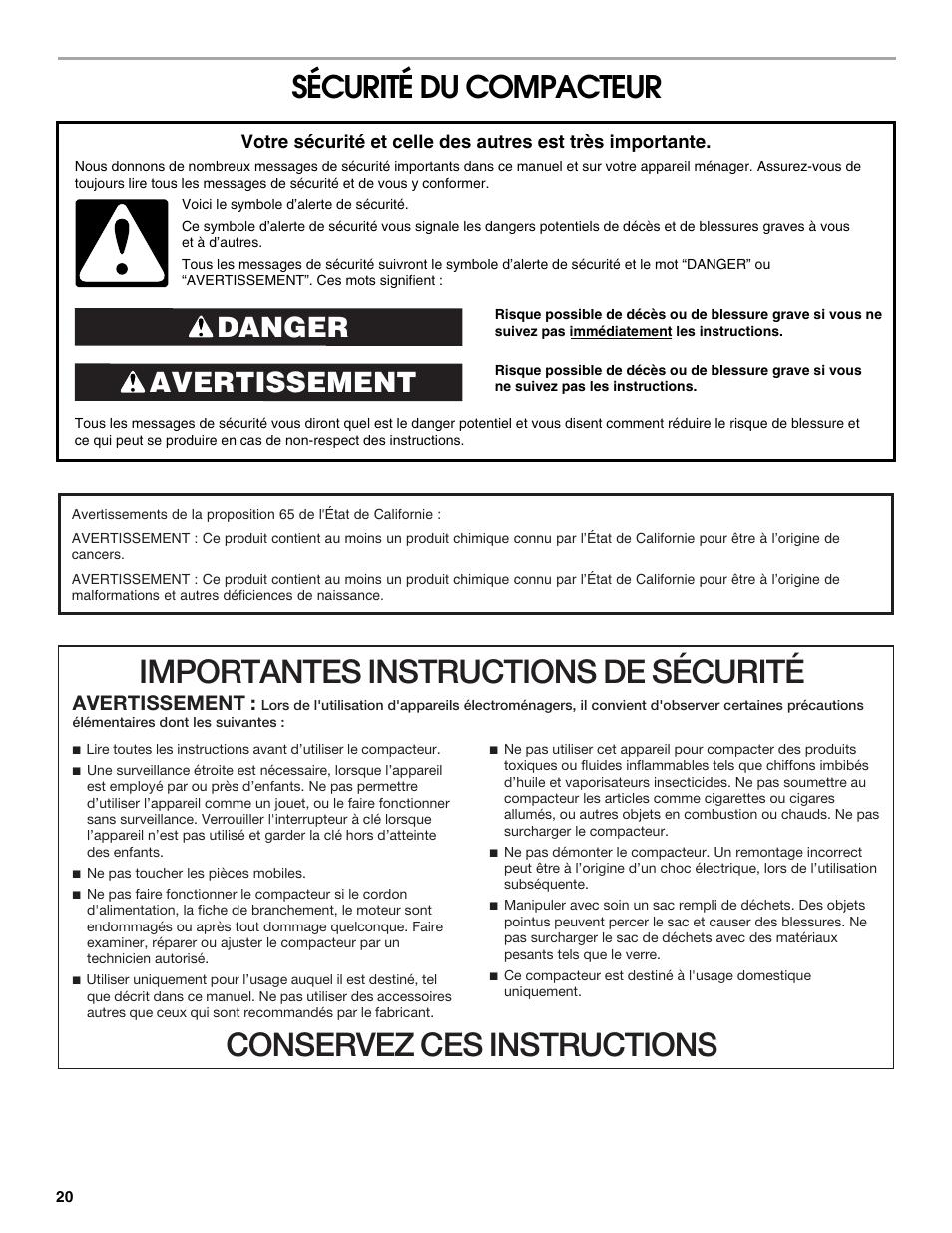 Importantes instructions de sécurité, Conservez ces instructions, Sécurité du compacteur | Avertissement danger, Avertissement | Gladiator GACP15XXMG Garage Compactor User Manual | Page 20 / 28
